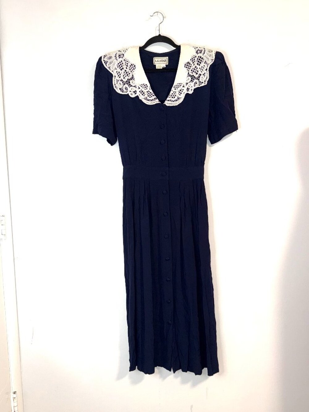 Vintage Prairie Cottagecore Revival Crochet Lace Full Button Midi Dress Sz 16